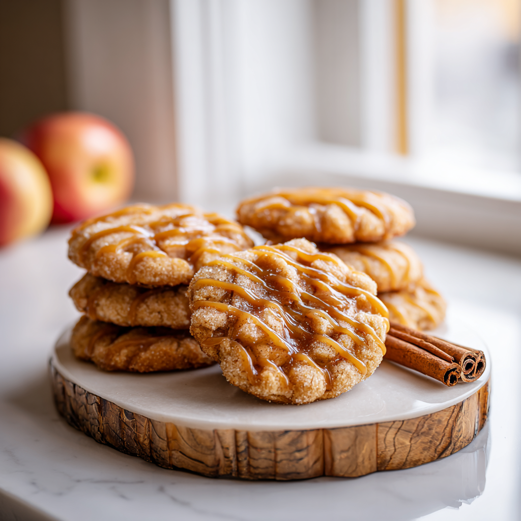 Final plated presentation of apple pie cookies on a wooden board with apple slices
