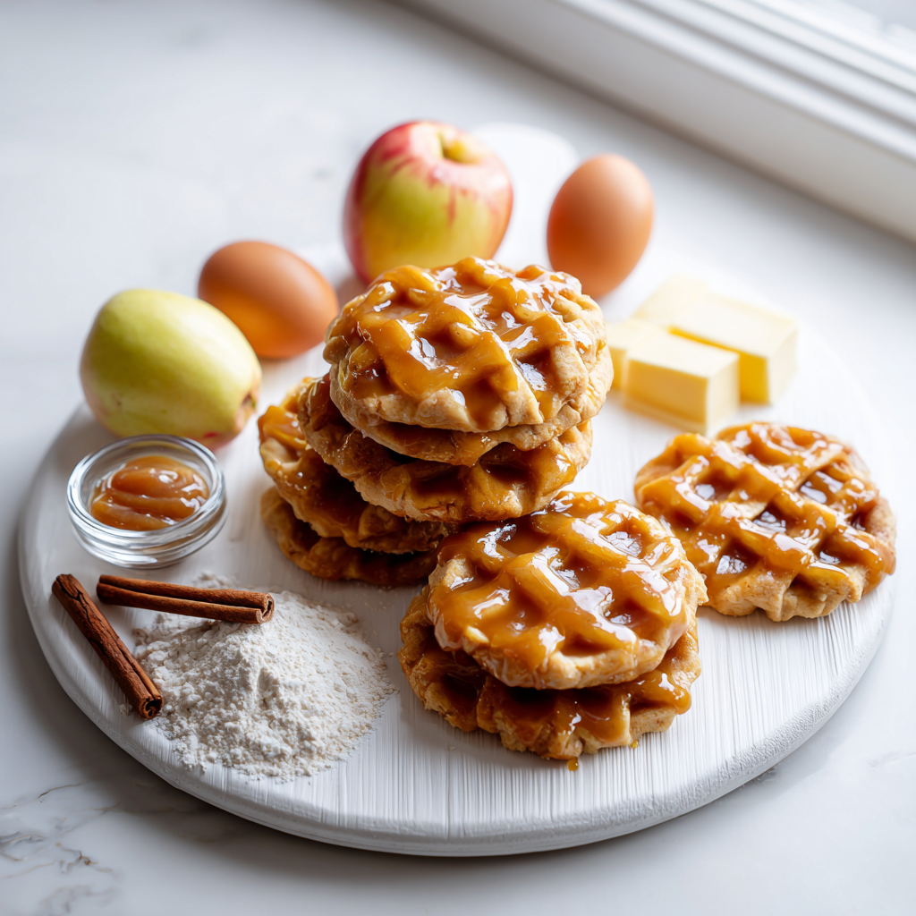 Main ingredients for apple pie cookies arranged on a wooden board
