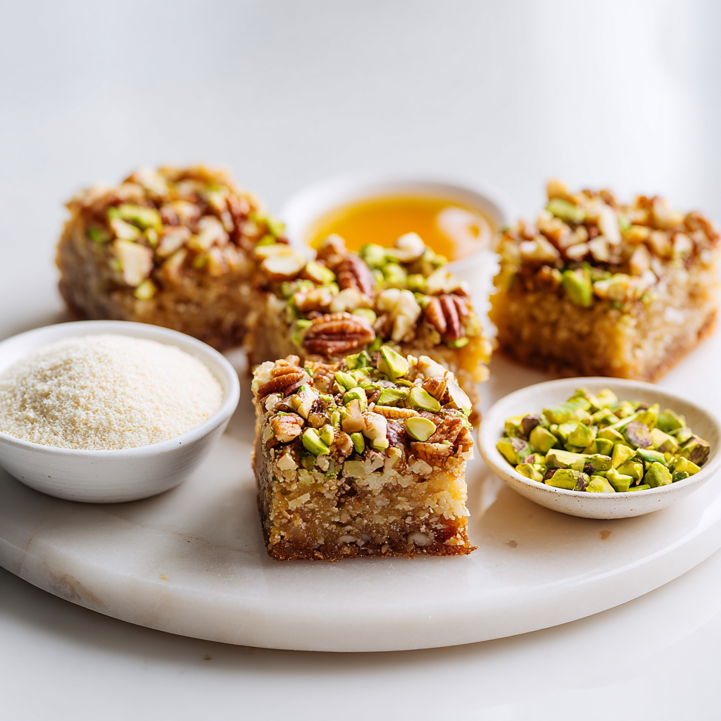 Baklava blondies ingredients arranged on a white surface