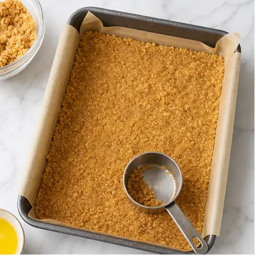 Step 1: Pressing graham cracker crust into pan
