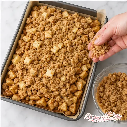 Step 4: Sprinkling streusel topping over apples
