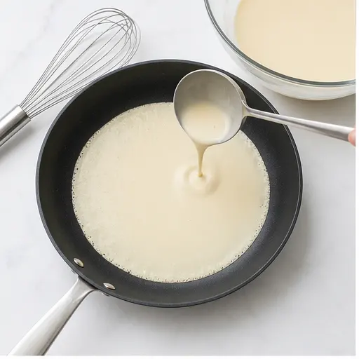 Step 1: Pouring and swirling thin crepe batter in hot pan