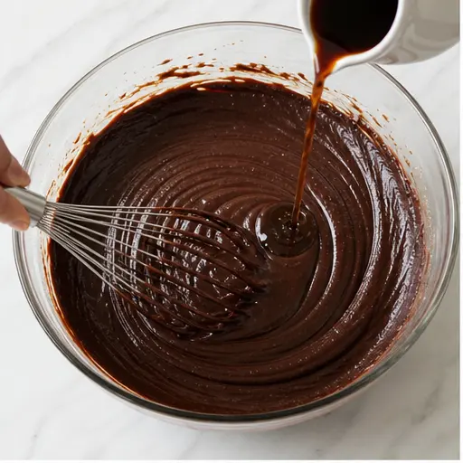 Step 1: Mixing the dark chocolate cake batter with coffee