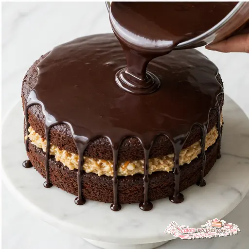 Step 4: Pouring glossy ganache over the assembled cake