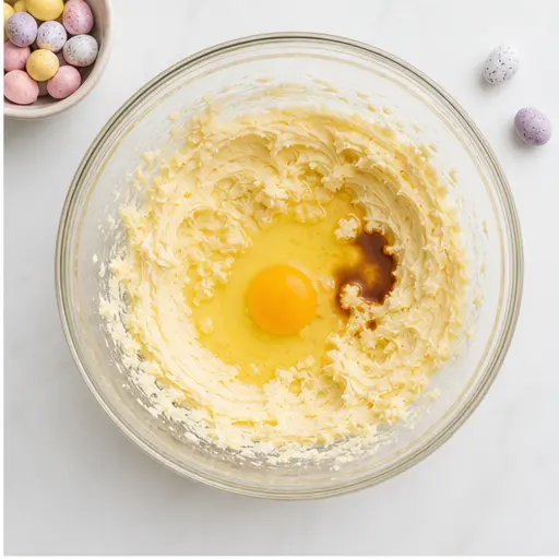 Step 2: Adding egg and vanilla to the creamed mixture