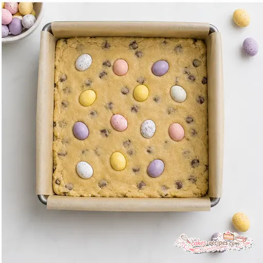 Step 4: Pressing dough into pan and topping with extra mini eggs