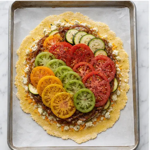 Step 3: Assembling the galette with cheese, onions, zucchini, and tomatoes