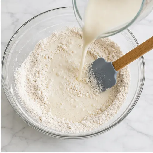 Step 2: Pouring wet ingredients into dry mix