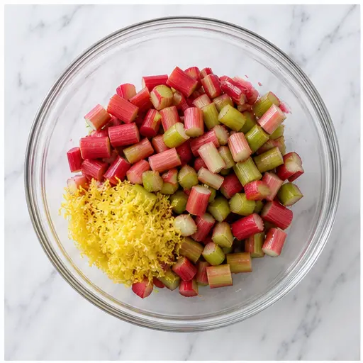 Step 1: Chopping fresh rhubarb and zesting lemon