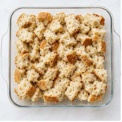 Step 1: Tearing and spreading bread in a baking dish