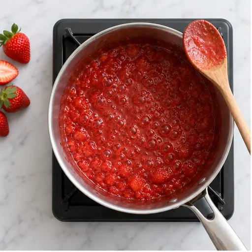 Step 1: Simmering strawberry puree on the stove
