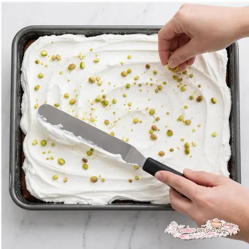 Step 4: Spreading whipped topping on the cooled cake and adding pistachio garnish