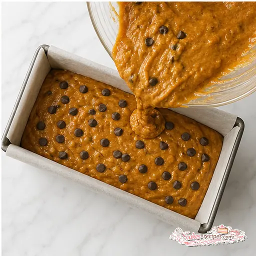 Step 4: Pouring batter into a lined loaf pan with chips on top