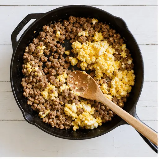 Step 1: Browning sausage and scrambling eggs