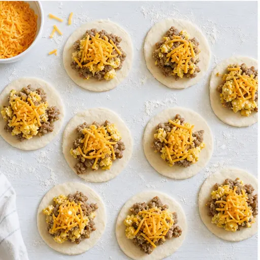 Step 3: Filling biscuit discs with sausage, egg, and cheese