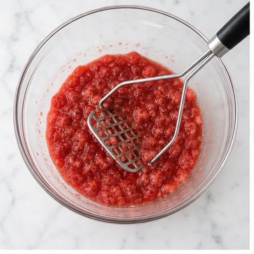 Step 1: Crushing fresh strawberries with a potato masher