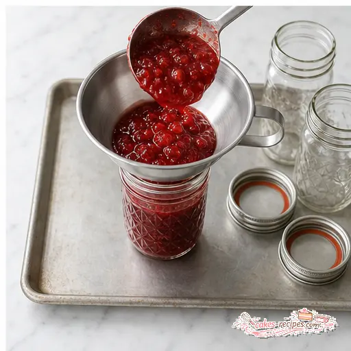 Step 4: Ladling hot jam into sterilized jars for canning