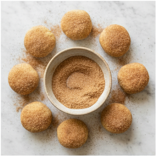 Cookie dough balls rolled in cinnamon sugar mixture on a baking sheet