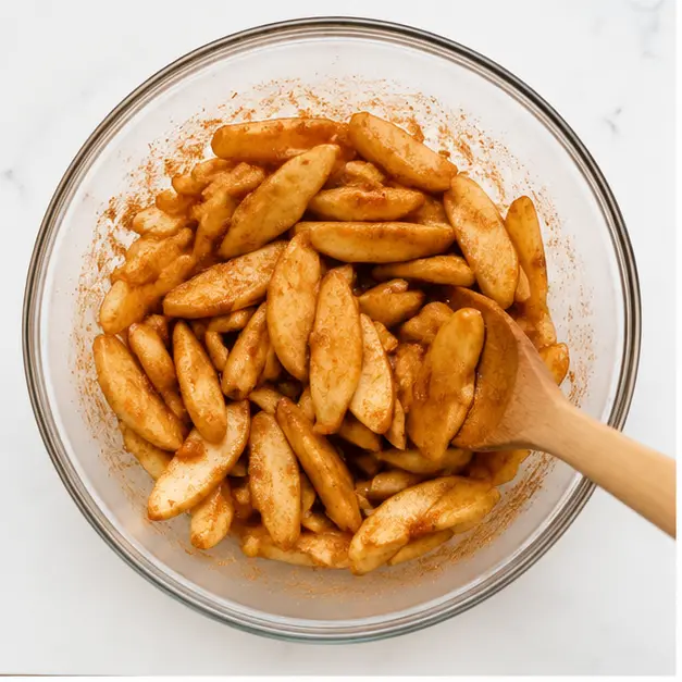 Step 1: Tossing sliced apples with cinnamon and sugar