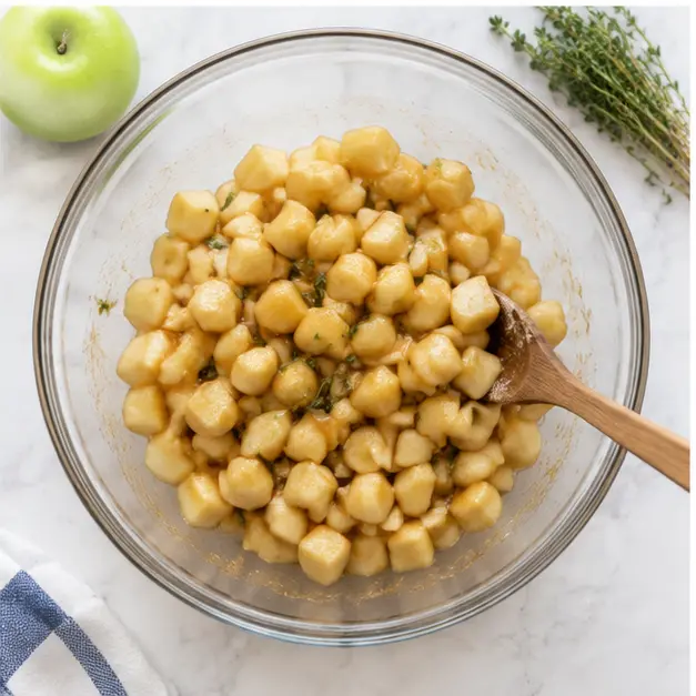 Step 3: Tossing apples with maple and thyme
