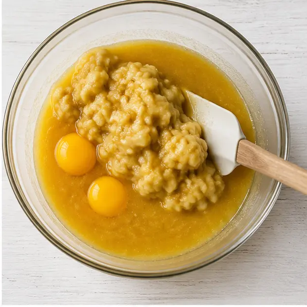 Step 2: Adding eggs and mashed bananas