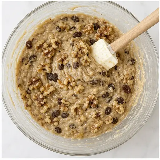 Step 3: Folding toasted walnuts and raisins into the batter