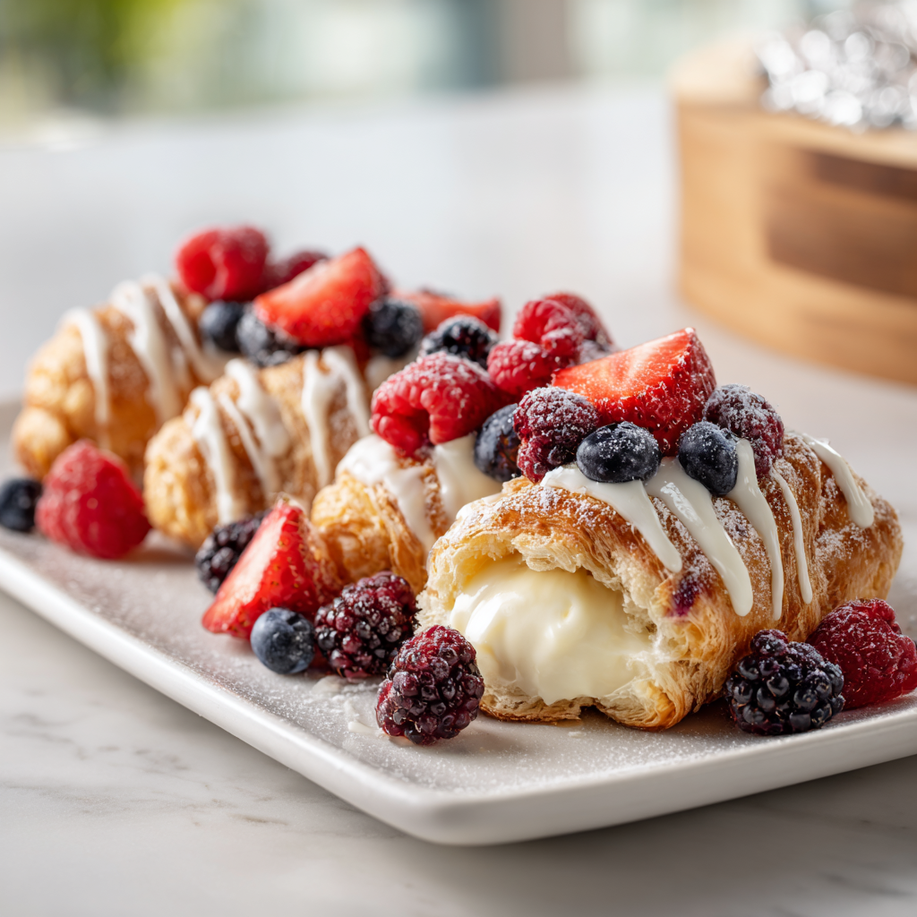 Final presentation of mixed berry cream pastries on a white platter, ready to serve