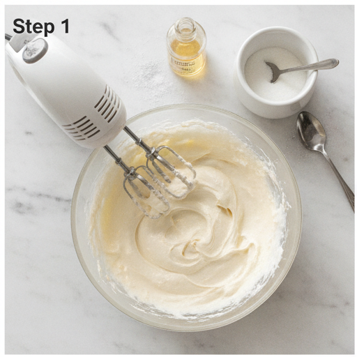 Step 1 - Beating cream cheese filling in a glass bowl with a hand mixer
