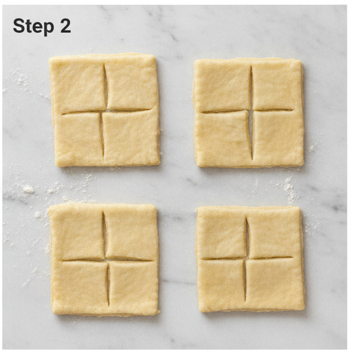 Step 2 - Shaping puff pastry squares into twisted shells on a floured surface