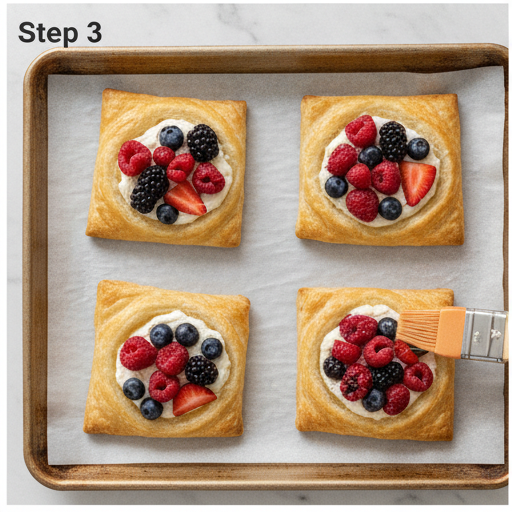 Step 3 - Assembled pastries on a baking sheet with cream cheese filling and fresh berries before baking