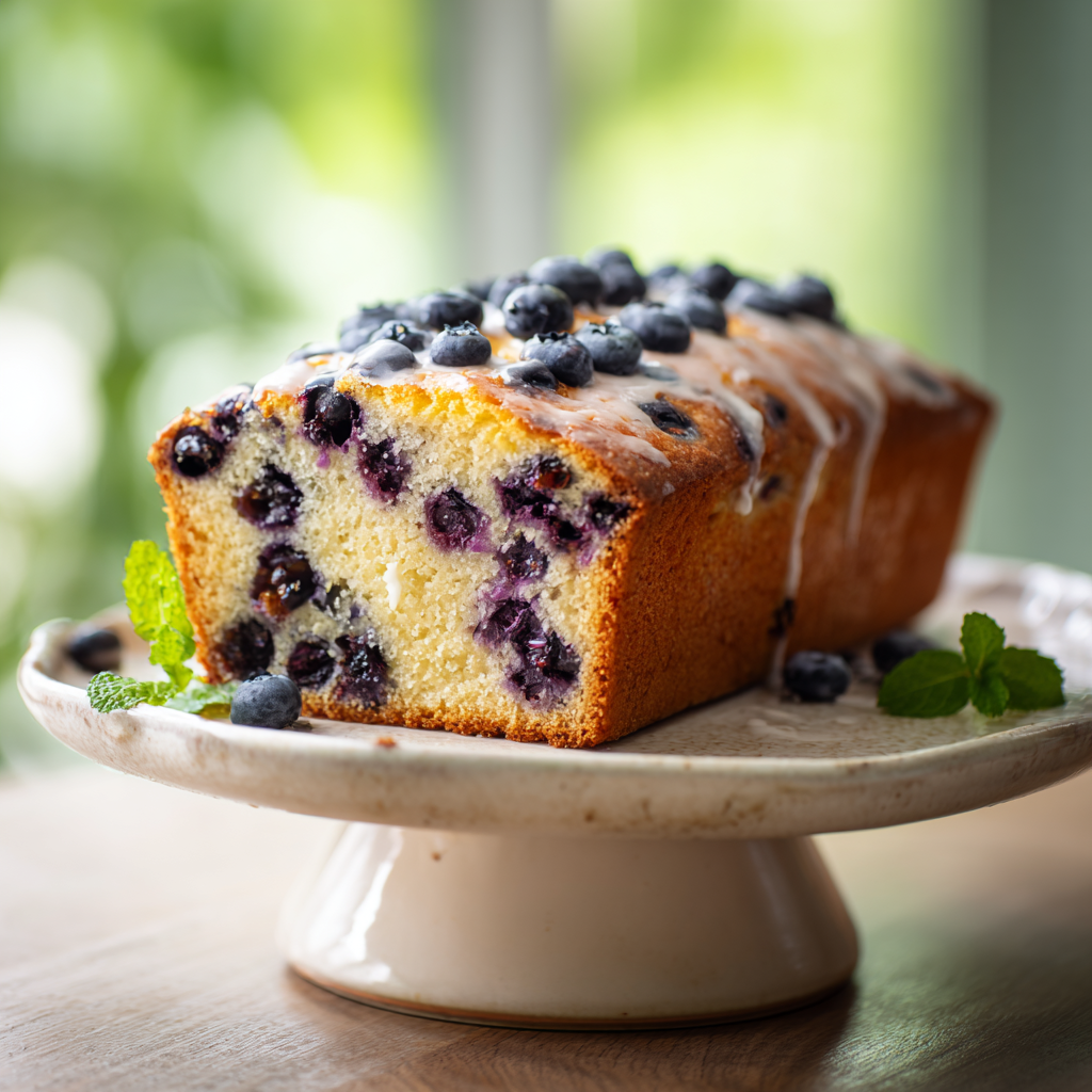 sliced blueberry cream cheese loaf with fresh blueberries