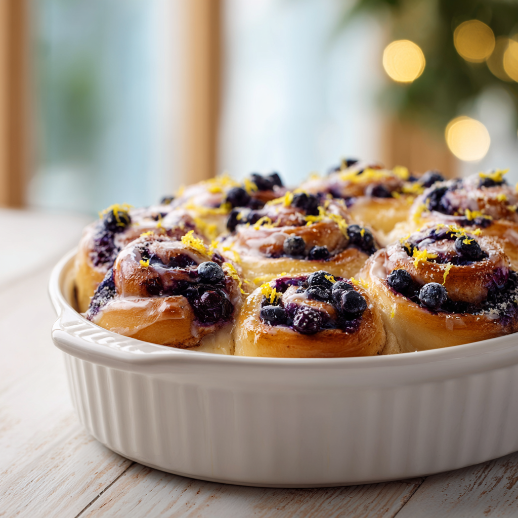 Blueberry lemon sweet rolls with lemon cream cheese glaze on a white ceramic plate