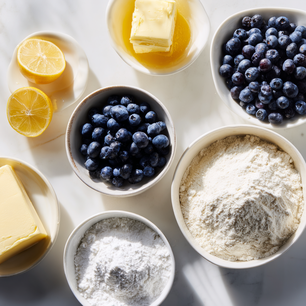 Fresh blueberries, lemons, cream cheese, butter, and flour for blueberry lemon sweet rolls
