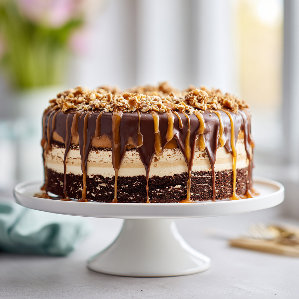 chocolate caramel toffee crunch cake - final presentation