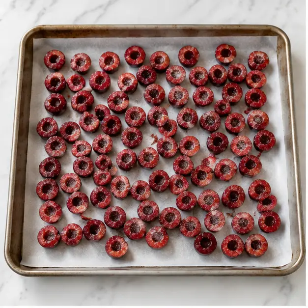 Step 1: Roasting fresh cherries on baking sheet