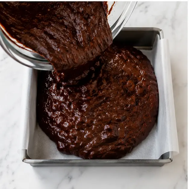 Step 3: Pouring batter into parchment-lined baking pan