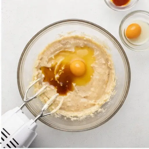 Step 2: Add eggs and vanilla, mix well