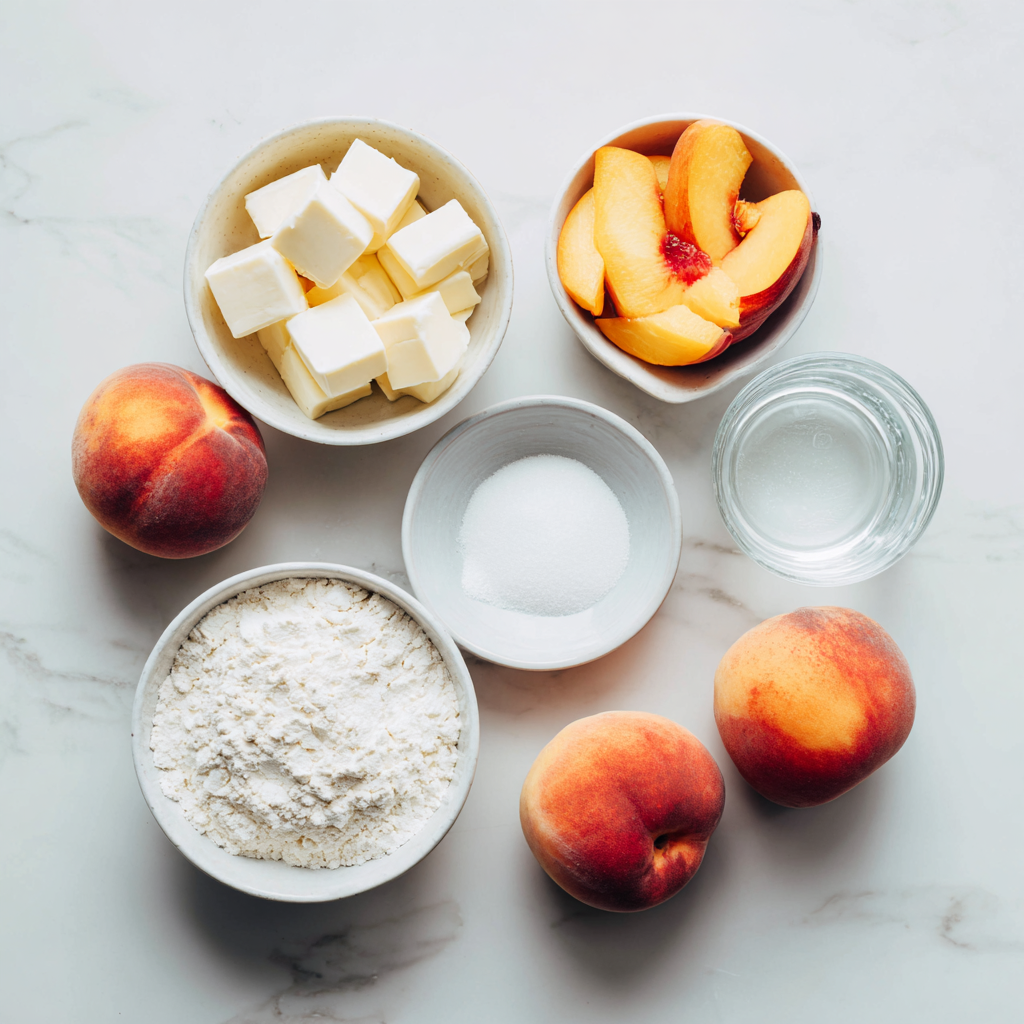 easy peach turnovers - main ingredients flour butter peaches sugar