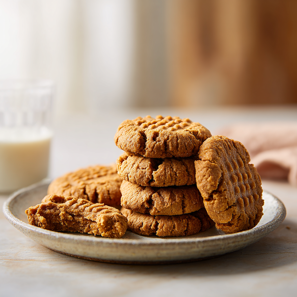 Einkorn peanut butter cookies on a plate with a glass of milk.