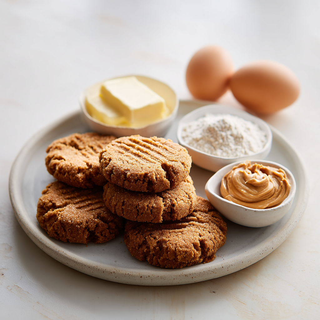 Raw ingredients for einkorn peanut butter cookies on a white surface.
