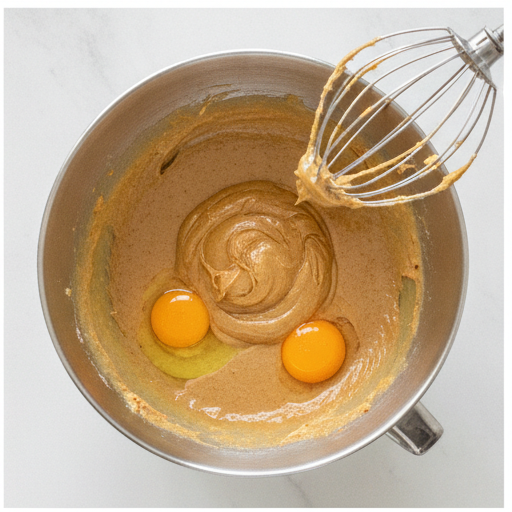 Adding eggs and peanut butter to the creamed mixture.