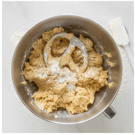 Mixing einkorn flour into the cookie dough.