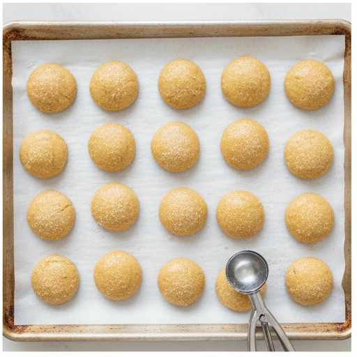 Cookie dough balls rolled in sugar on a baking sheet.