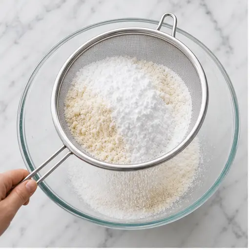 Step 1: Sifting almond flour and powdered sugar