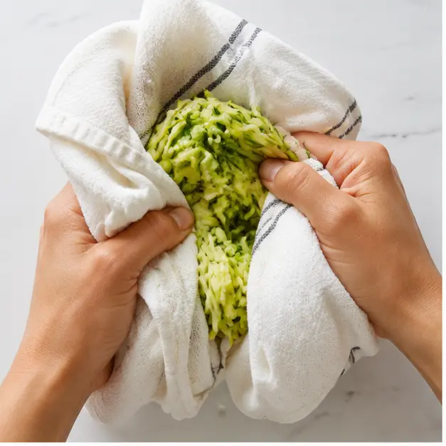 Step 1: Squeezing excess water from grated zucchini