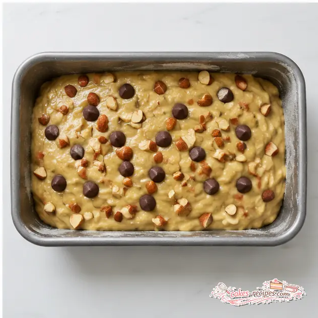 Step 4: Pouring batter into loaf pan with mix-ins on top