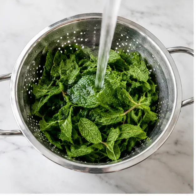 Step 1: Rinse and dry fresh mint leaves