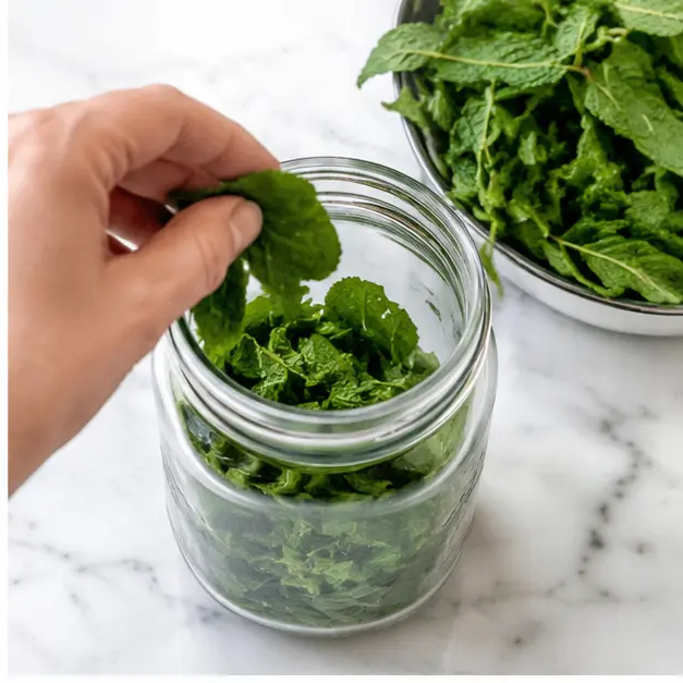 Step 2: Place mint leaves in a glass jar