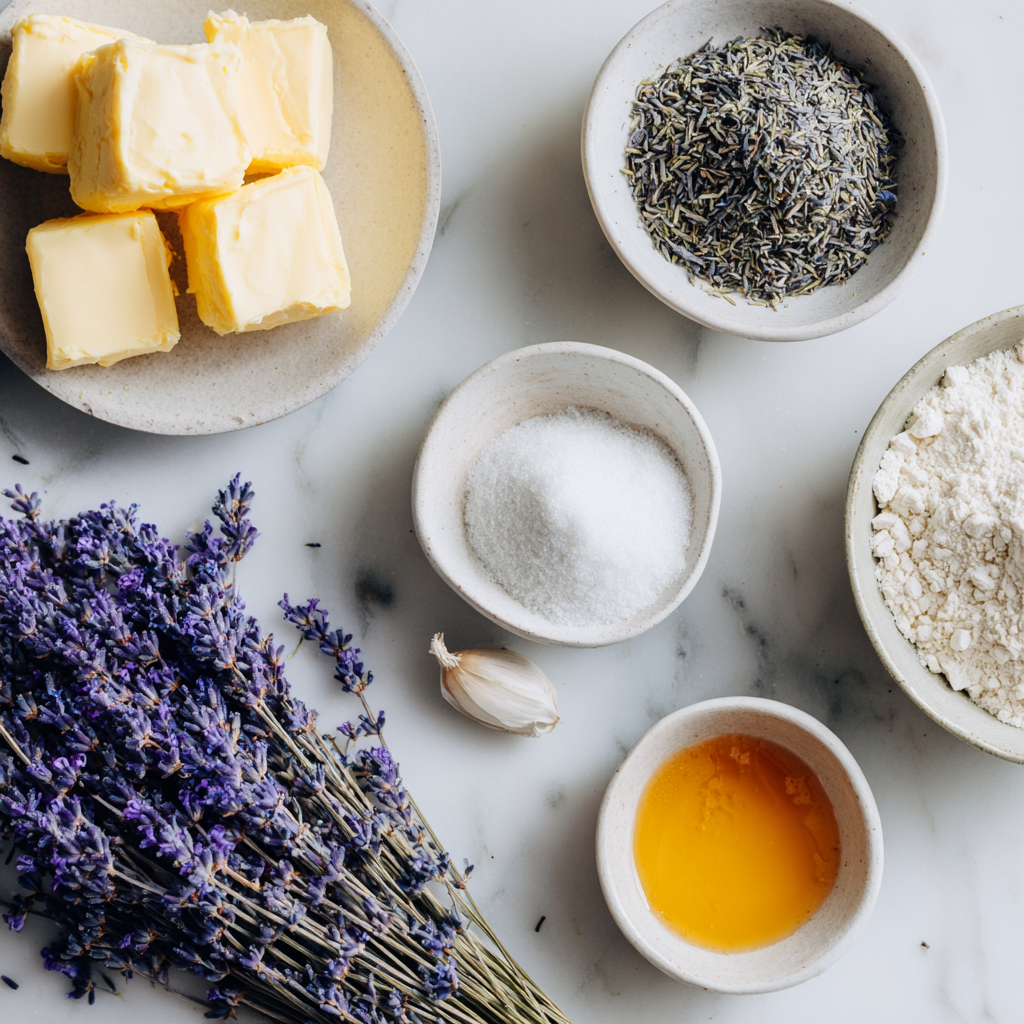 Main ingredients for lavender biscuits