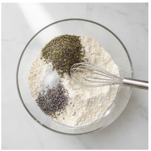 Whisking dry ingredients with herbs and lavender